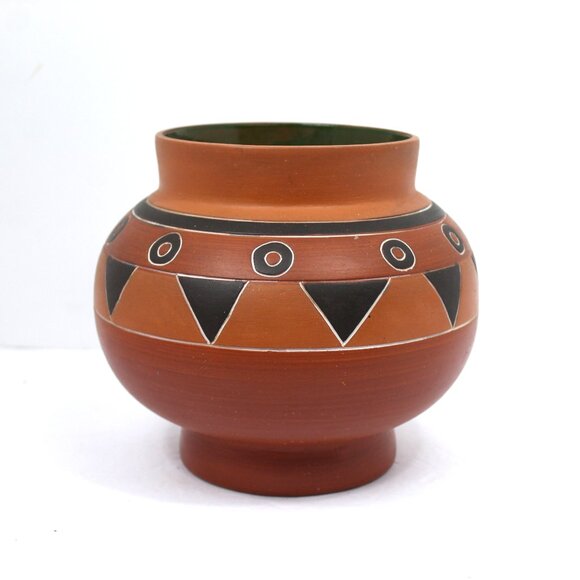 Mexican Hand Painted Terracotta Clay Jar Inside Glazed Green Geometric Design - Picture 1 of 5